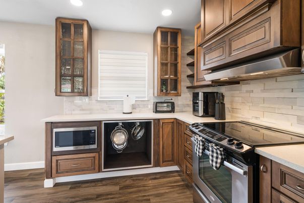 Interior, Kitchen, Recessed Lighting, Stainless Steel Appliances, Wood Texture Flooring