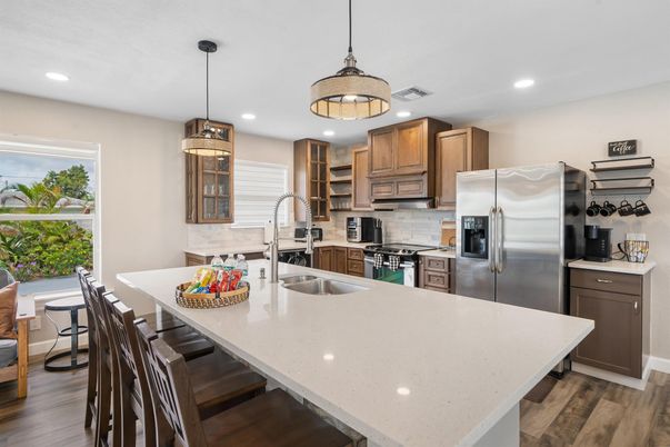 Interior, Kitchen, Pendant Lights, Recessed Lighting, Stainless Steel Appliances, Wood Texture Flooring