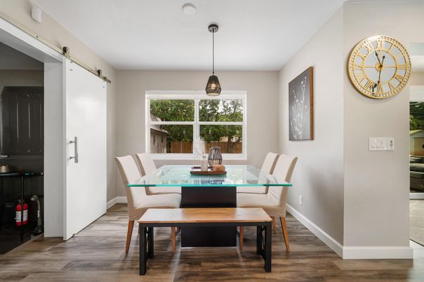 Dining room, Interior, Pendant Lights, Wood Texture Flooring