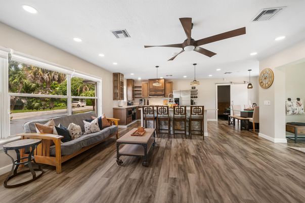 Dining room, Interior, Kitchen, Living room, Pendant Lights, Recessed Lighting, Stainless Steel Appliances, Wood Texture Flooring