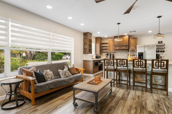Interior, Kitchen, Living room, Pendant Lights, Recessed Lighting, Stainless Steel Appliances, Wood Texture Flooring