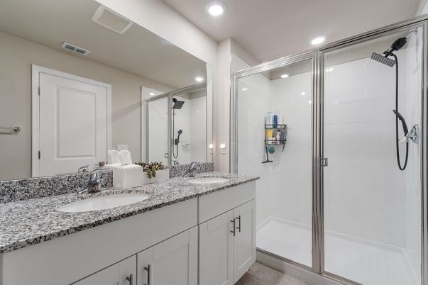 Bathroom, Dual Sink Vanities, Glass Shower, Interior, Recessed Lighting
