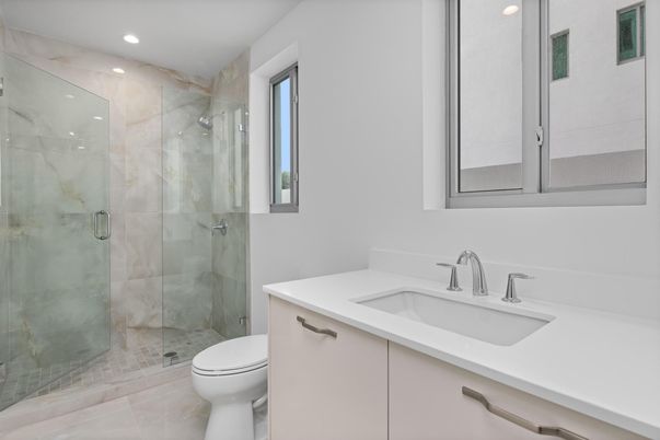 Bathroom, Glass Shower, Interior, Marble Walls, Recessed Lighting