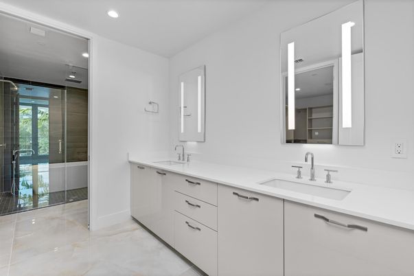 Bathroom, Dual Sink Vanities, Glass Shower, Interior, Recessed Lighting