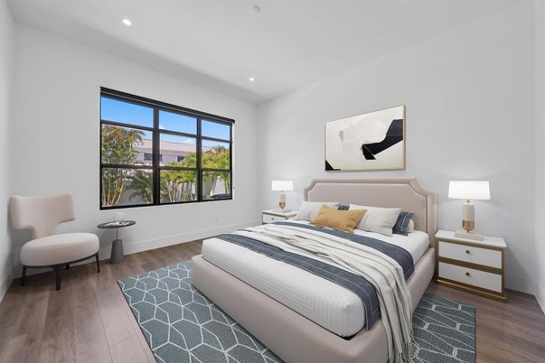 Bedroom, Interior, Recessed Lighting, Wood Texture Flooring