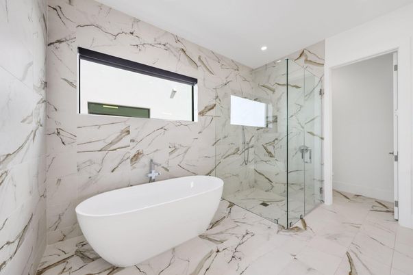 Bathroom, Free Standing Baths, Glass Shower, Interior, Marble, Marble Walls, Recessed Lighting