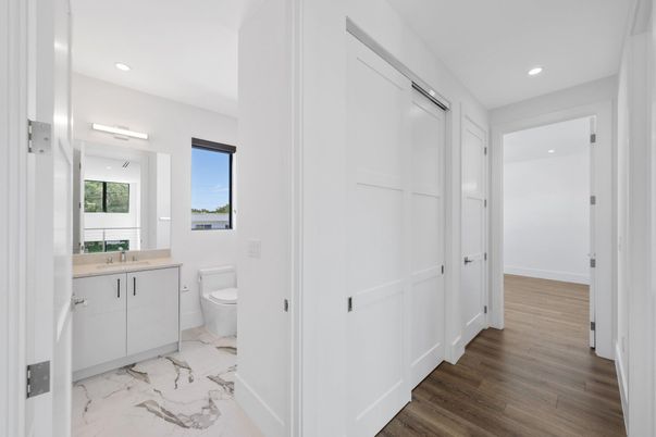 Bathroom, Interior, Marble, Recessed Lighting, Wood Texture Flooring