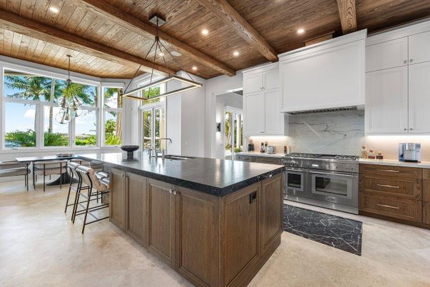 Interior, Kitchen, Pendant Lights, Recessed Lighting, Stainless Steel Appliances, Wooden Beams, Wooden Ceilings