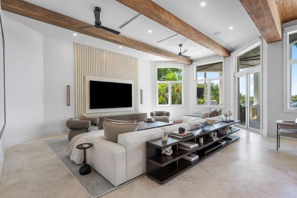 Fireplace, Interior, Living room, Recessed Lighting, Wooden Beams