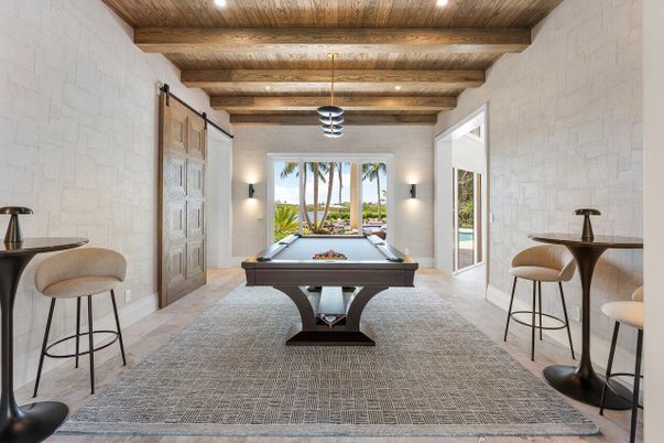 Billiard Table, Game Room, Interior, Recessed Lighting, Stone Walls, Wooden Beams, Wooden Ceilings