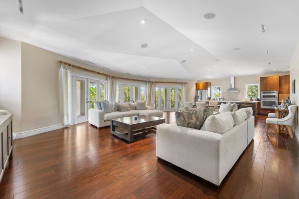 Interior, Kitchen, Living room, Recessed Lighting, Stainless Steel Appliances, Wood Texture Flooring