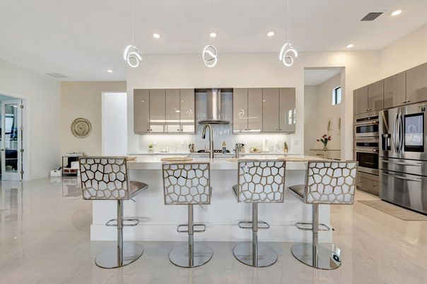 Interior, Kitchen, Marble, Pendant Lights, Recessed Lighting, Stainless Steel Appliances