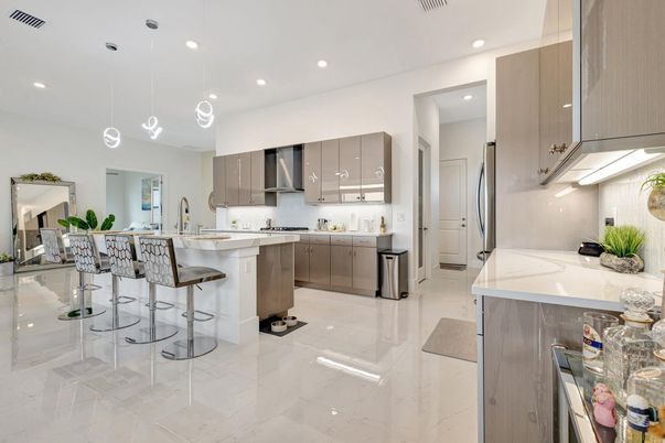 Interior, Kitchen, Marble, Pendant Lights, Recessed Lighting, Stainless Steel Appliances