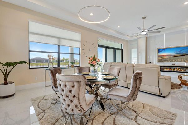 Dining room, Fireplace, Interior, Living room, Pendant Lights, Recessed Lighting