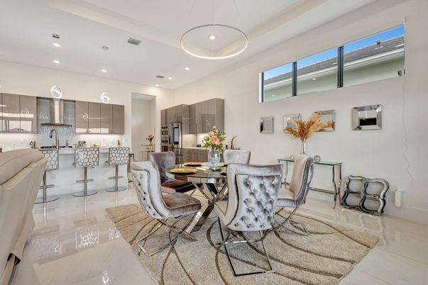 Dining room, Interior, Kitchen, Marble, Pendant Lights, Recessed Lighting, Stainless Steel Appliances