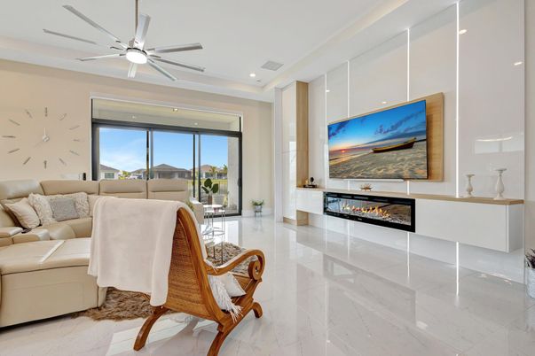 Fireplace, Interior, Living room, Marble, Recessed Lighting