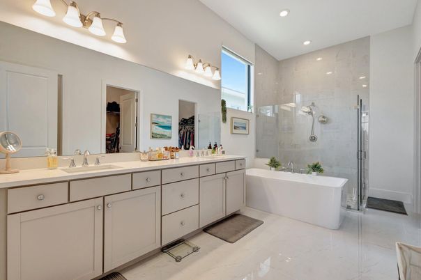 Bathroom, Dual Sink Vanities, Free Standing Baths, Glass Shower, Interior, Marble, Recessed Lighting
