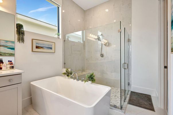 Bathroom, Free Standing Baths, Glass Shower, Interior, Marble Walls, Recessed Lighting