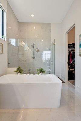 Bathroom, Free Standing Baths, Glass Shower, Interior, Marble, Marble Walls, Recessed Lighting