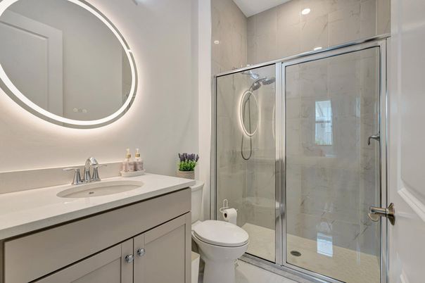 Bathroom, Glass Shower, Interior, Marble Walls, Recessed Lighting
