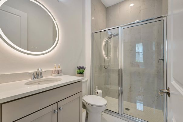 Bathroom, Glass Shower, Interior, Marble Walls, Recessed Lighting