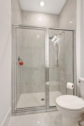 Bathroom, Glass Shower, Interior, Marble, Marble Walls, Recessed Lighting