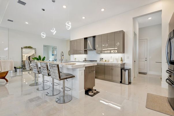 Interior, Kitchen, Marble, Pendant Lights, Recessed Lighting, Stainless Steel Appliances
