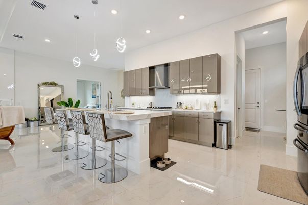 Interior, Kitchen, Marble, Pendant Lights, Recessed Lighting, Stainless Steel Appliances