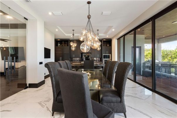 Dining room, Interior, Kitchen, Marble, Pendant Lights, Recessed Lighting, Stainless Steel Appliances