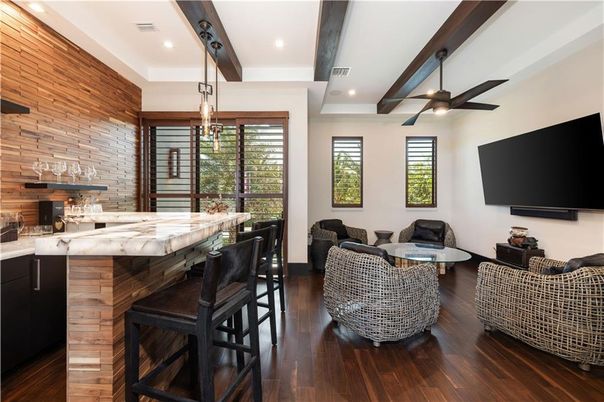 Interior, Living room, Pendant Lights, Recessed Lighting, Stone Walls, Wooden Beams, Wood Texture Flooring