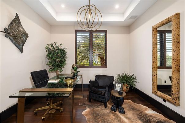 Home Office, Interior, Pendant Lights, Recessed Lighting, Wood Texture Flooring