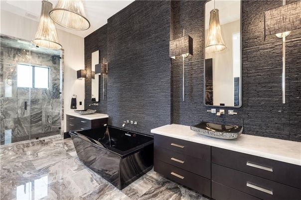 Bathroom, Dual Sink Vanities, Glass Shower, Interior, Marble, Pendant Lights
