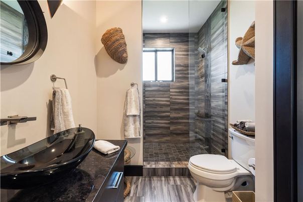 Bathroom, Glass Shower, Interior, Recessed Lighting, Wood Texture Flooring