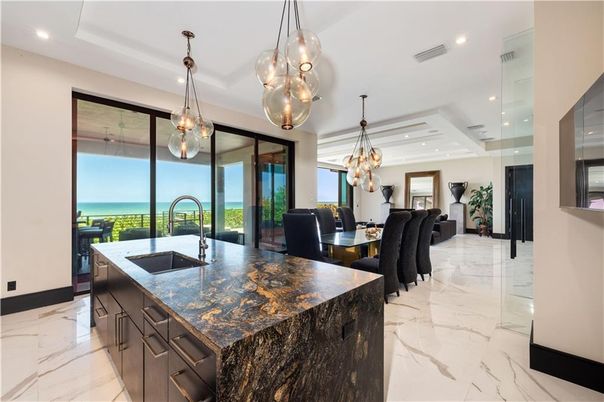 Chandelier, Dining room, Interior, Kitchen, Marble, Pendant Lights, Recessed Lighting, Water