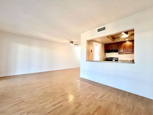 Empty room, Interior, Kitchen, Stainless Steel Appliances, Wood Texture Flooring