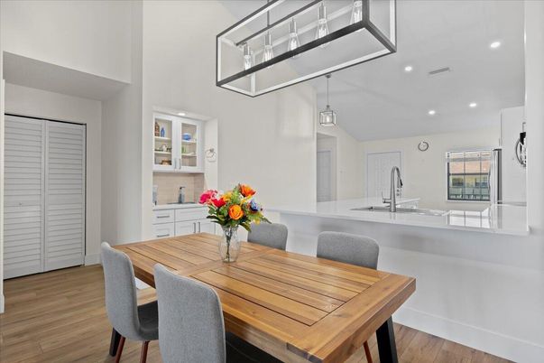 Dining room, Interior, Pendant Lights, Recessed Lighting, Wood Texture Flooring