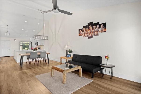 Dining room, Interior, Kitchen, Living room, Pendant Lights, Recessed Lighting, Wood Texture Flooring