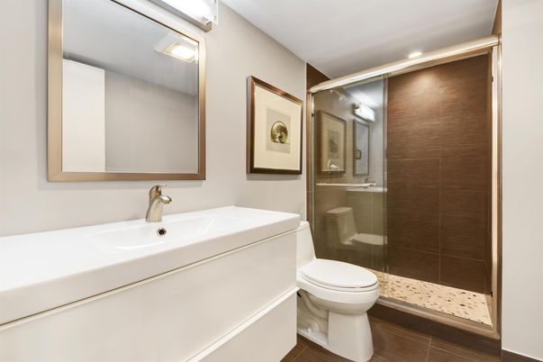 Bathroom, Glass Shower, Interior, Recessed Lighting, Wood Texture Flooring