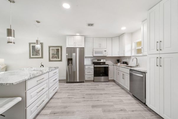 Interior, Kitchen, Pendant Lights, Recessed Lighting, Stainless Steel Appliances, Wood Texture Flooring