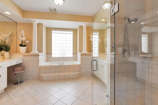Bathroom, Glass Shower, Interior, Recessed Lighting