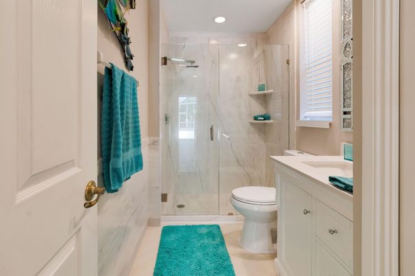 Bathroom, Glass Shower, Interior, Marble Walls, Recessed Lighting