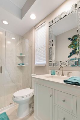 Bathroom, Glass Shower, Interior, Marble Walls, Recessed Lighting