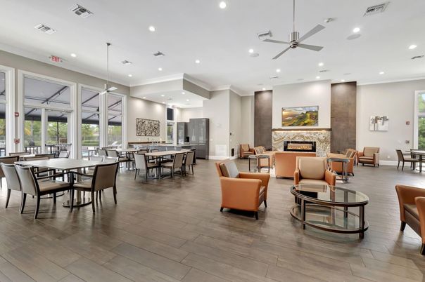 Dining room, Fireplace, Interior, Living room, Pendant Lights, Recessed Lighting, Wood Texture Flooring