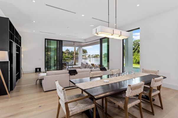 Dining room, Interior, Living room, Pendant Lights, Recessed Lighting, Water, Wood Texture Flooring