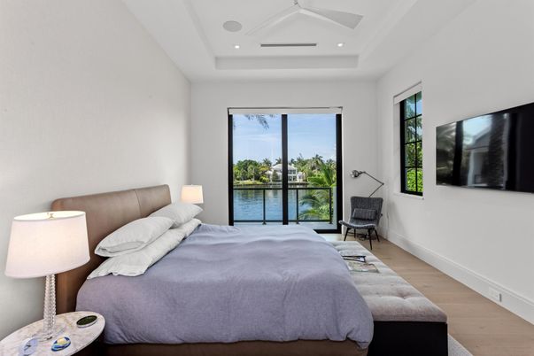 Bedroom, Interior, Recessed Lighting, Water, Wood Texture Flooring