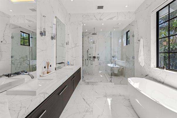 Bathroom, Dual Sink Vanities, Free Standing Baths, Glass Shower, Interior, Marble, Marble Walls, Recessed Lighting