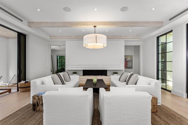 Fireplace, Interior, Living room, Pendant Lights, Recessed Lighting, Wood Texture Flooring