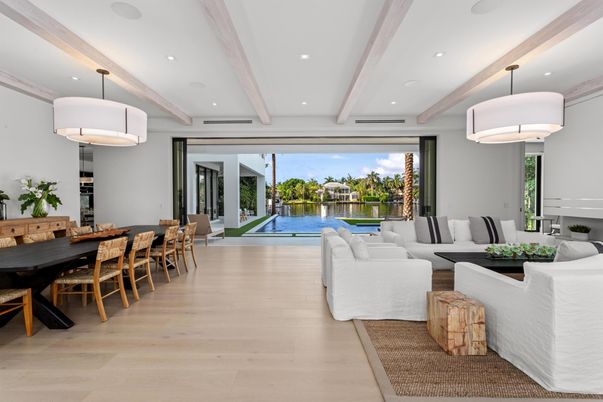 Dining room, Interior, Living room, Pendant Lights, Pool, Recessed Lighting, Wood Texture Flooring
