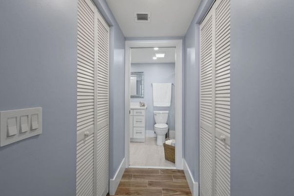 Bathroom, Interior, Recessed Lighting, Wood Texture Flooring