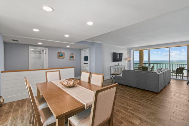 Dining room, Interior, Living room, Recessed Lighting, Water, Wood Texture Flooring